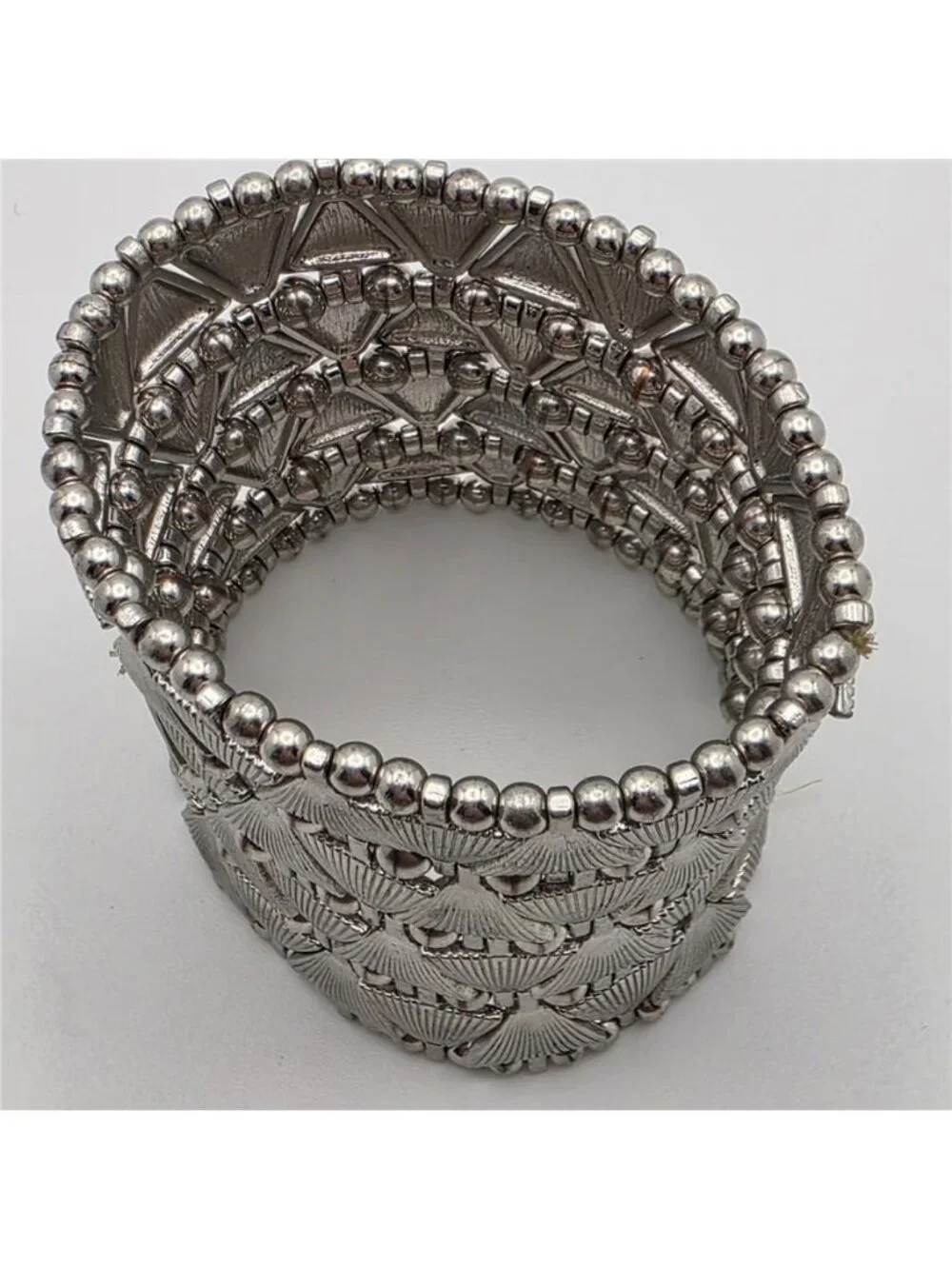 Silver Tone Geometric Fan Wide Stretch Cuff Statement Bracelet 6.5